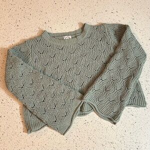 Pastel Mint Green Cropped Length Open Knit Sweater with Bell Sleeves